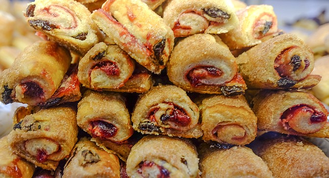Raspberry and raisin rugelach, sold by the pound