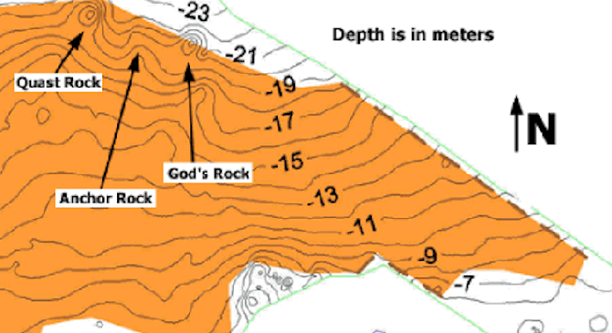 Quast Rock and others. Kelp marked in orange.