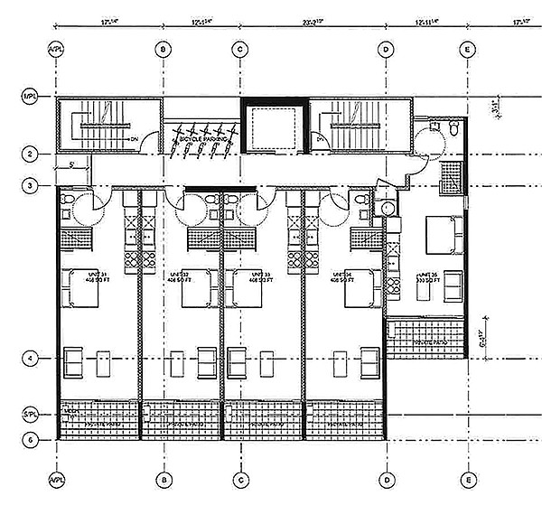 Layout of tiny apartments on the eighth floor. Note the tiny size — just over 400 square feet — and bicycle parking.