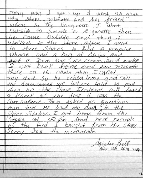 Evidence shown to jury: handwritten statement by Asiatae, same day police questioned her