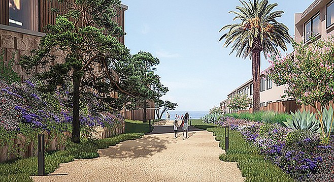 This rendering shows a planned public trail which will cut through the resort to the bluff top.