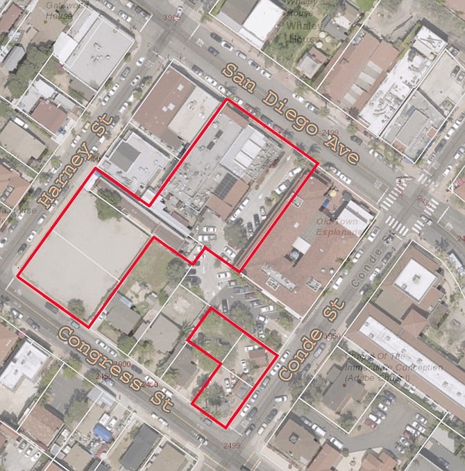 Old Town Mex owners own several parcels on the block (outlined  in red).