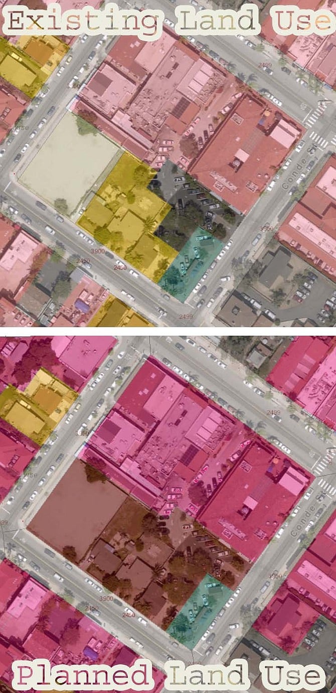 Existing commercial/office zoning (light pink) and residential (yellow) will turn into mixed-use (hot pink and brown).