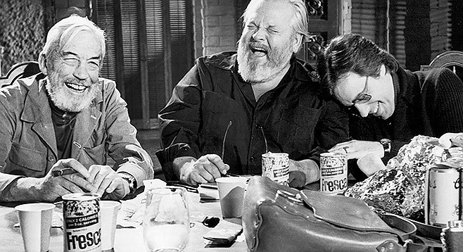 The Other Side of the Wind: John Huston, Orson Welles, and Peter Bogdanovich share a hearty laugh at the thought of their film someday playing on a computer screen.