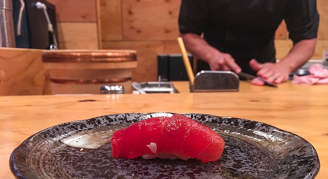 A bright red piece of big eye tuna