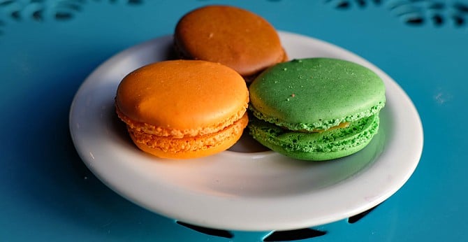 Macarons (left to right): chocolate peanut butter, caramel and butter cream, pistachio
