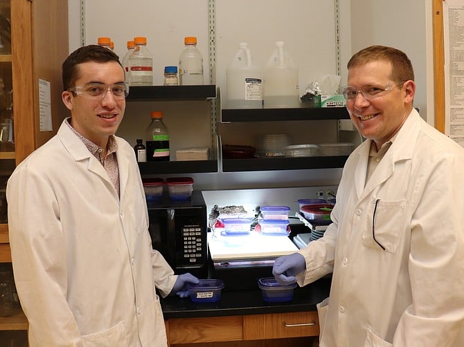 Utah State University Undergraduate Research Fellow Matt Armbrust, left, and faculty mentor Ryan Jackson, Department of Chemistry and Biochemistry, are studying CRISPR technology. Armbrust is among scholars who’ll present research on Utah’s Capitol Hill March 5th. Armbrust is a 2017 graduate of La Costa Canyon High School. Credit: Mary-Ann Muffoletto, USU