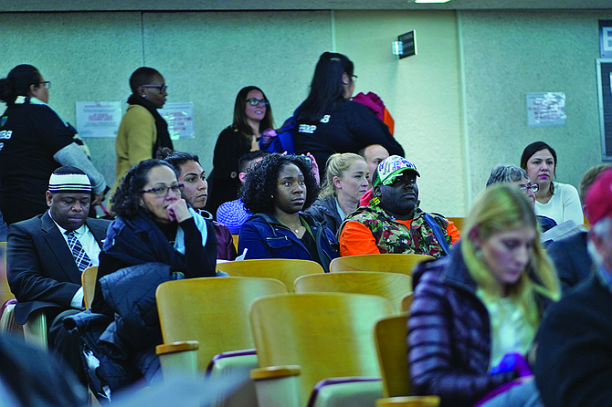 Members of the audience at the February 5 school board meeting  had to wait after the meeting to comment.