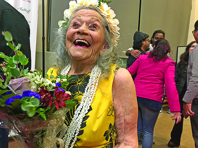 Eleanor Holsten, hula dancer. She is 102 years old. Has been dancing for 97 years