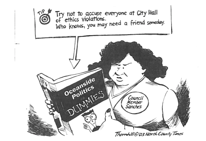 Fifteen years ago the North County Times had its own editorial cartoonist Mark Thornhill who would skewer local politicians like Oceanside city councilwoman Esther Sanchez.