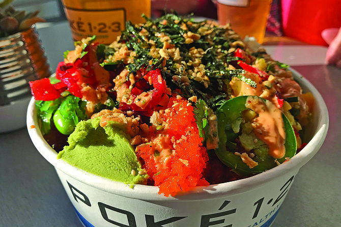 My $11.99 Poke bowl, with spicy tuna and salmon. And wasabi and fish eggs