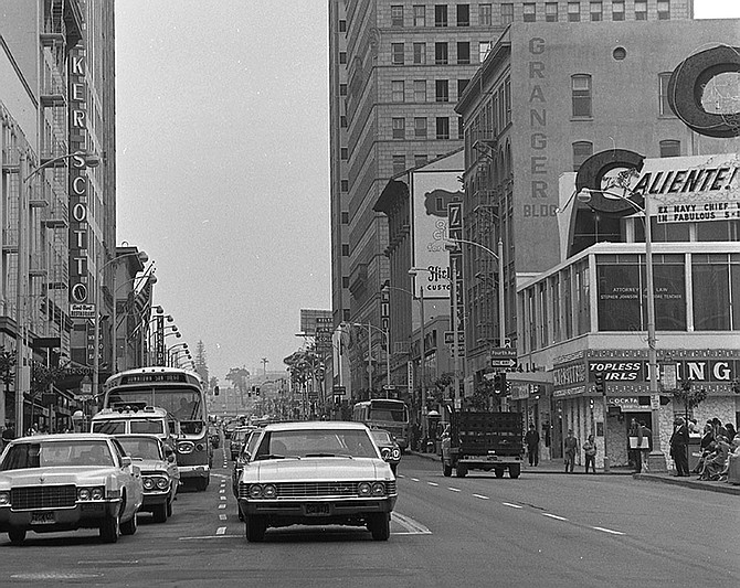 A 1970s local study suggested pedestrians were safer without marked crosswalks. (Broadway and 4th, 1970, city photo)