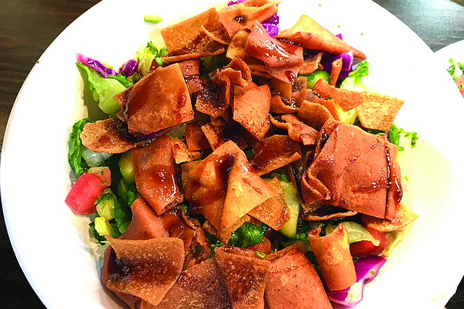 Fatoush: Baked pita chips, salad, pomegranate sauce