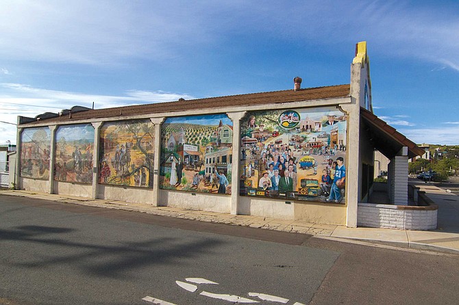 There’s a five-panel, half-block-long, sun-splashed mural of Lemon Grove on the side of the Lemon Grove Baking Company, once the Sonka Brothers General Store