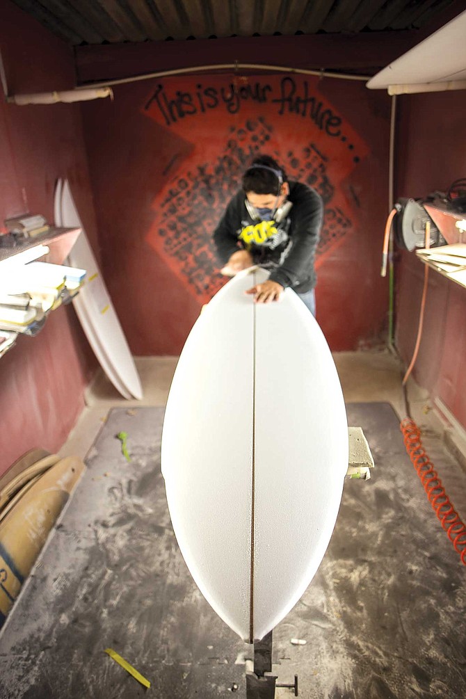 Mario Medel of Mars Surfboards
in his Ensenada shaping room.
