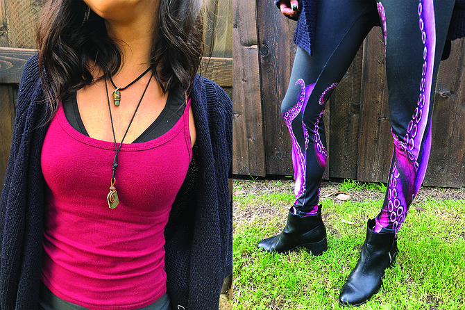Details of Jessica’s layered jewelry; Society6 Octopus leggings just $40!