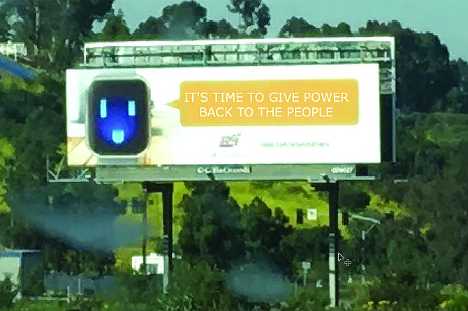 “Why should the public good provide profit to a private company?” SDG&E Mascot Friendly McPlugface openly campaigns against his overlords in this billboard seen along the 94.