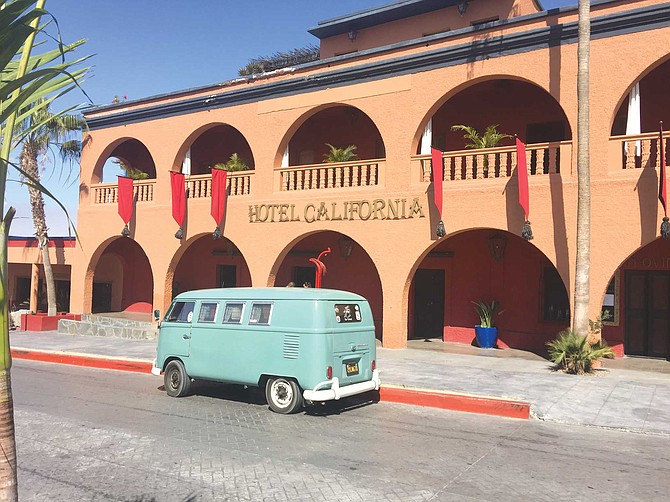 Tom’s bus parked outside Hotel California in Todos Santos