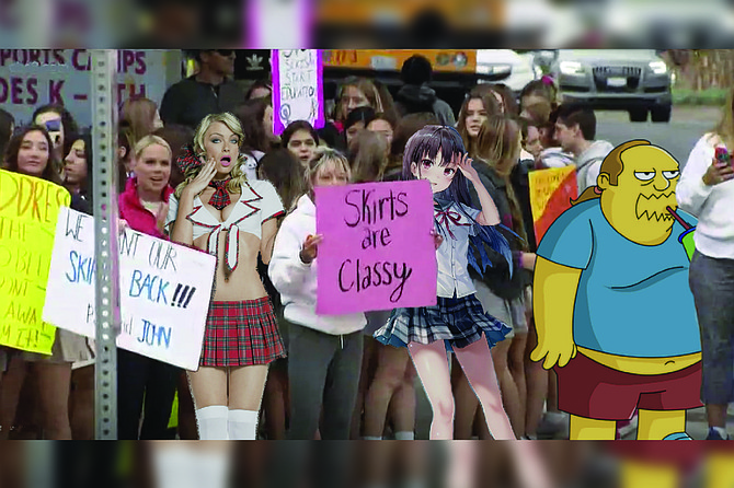 “Worst. Policy. Ever.” proclaimed Comic-Book Guy at the protest against Cathedral Catholic’s skirt ban, held outside the school’s entrance on Del Mar Heights Road. “The plaid skirt of a Catholic school girl is an icon of flirtatious innocence, coupling as it does the generous exposure of toned, nubile flesh with the presumption of a pious virgin’s sexual purity. It is, frankly, the closest that organized religion has ever come to immanentizing the eschaton. To replace its pleated plaid glory with khaki shorts would be akin to covering the facade of Florence’s Duomo with vinyl siding — a triumph of aesthetic barbarity in the name of a misguided protective urge.”