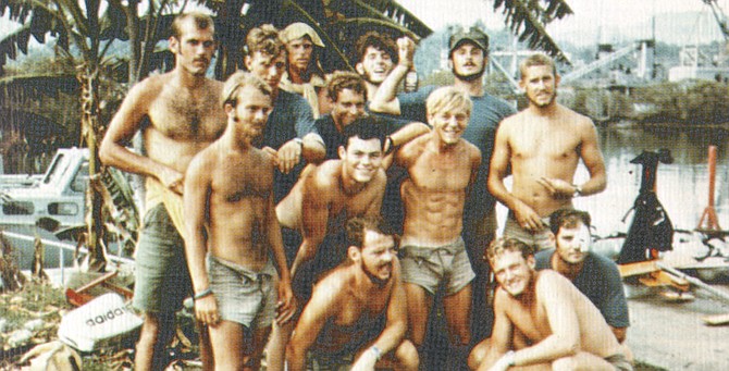 From UDT 12 cruise book, Ventura on far left. SEAL Team One, with roughly the same number of men as UDT 12, had 34 killed during the war. I knew many of them. UDT 12  lost but a single man. 34:1.