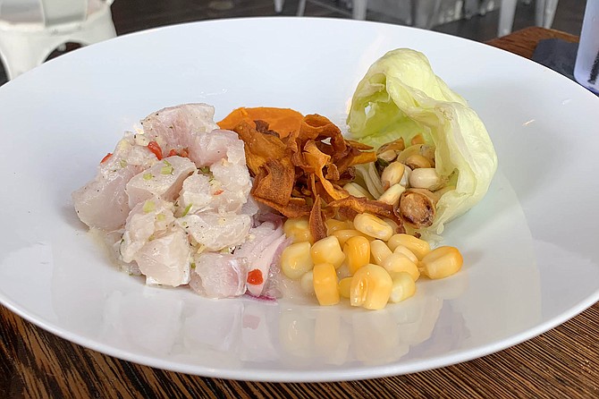 Sole ceviche with sweet potatoes and the huge corn kernels of choclo
