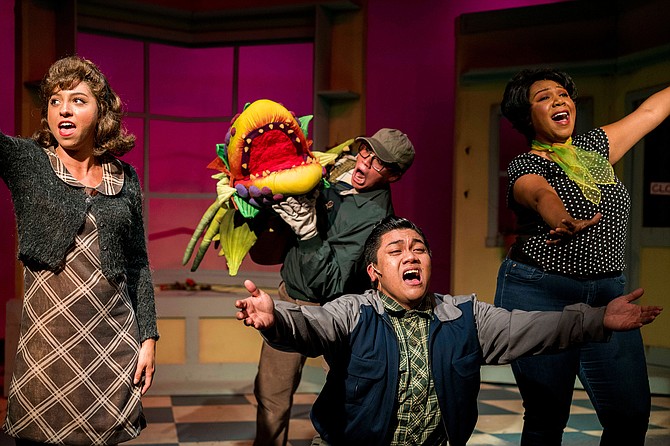 Natasha Baenisch, Sittichai Chaiyahat, Chris Bona, and Patricia Jewel perform in Little Shop of Horrors at New Village Arts.