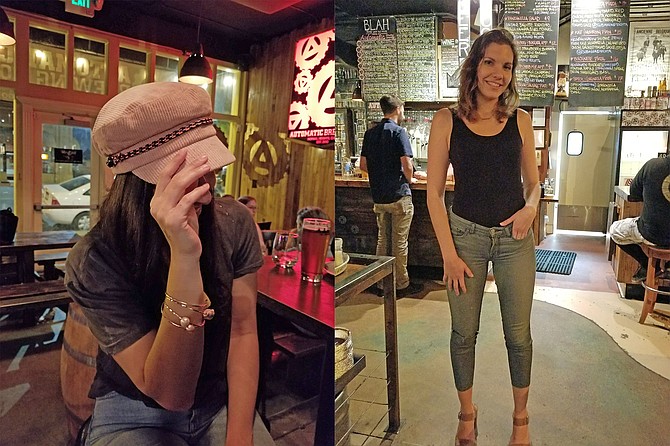 Boutique bracelets and pink baker boy hat; Taylor struts the brew house in searsucker jeans and ankle strap heels