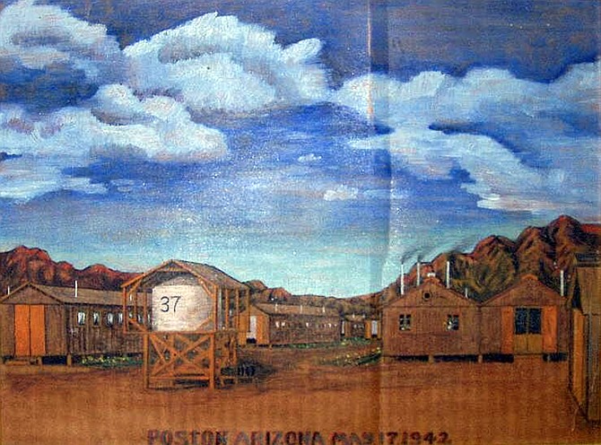 Painting of Aileen Oya’s internment camp home for three years. Painting by Tom Tanaka