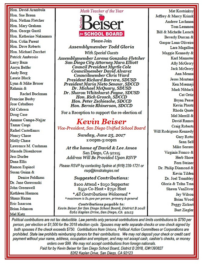 Kevin Beiser invitation featuring Todd Gloria