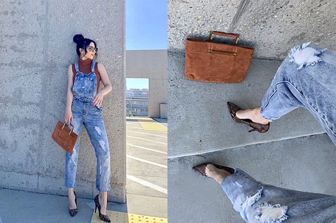 This entire look was under $15; Karen completes the look with faux snakeskin pumps and a suede bag