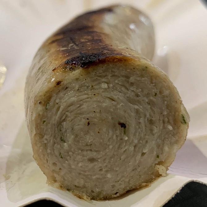 A finely minced pork and veal bratwurst