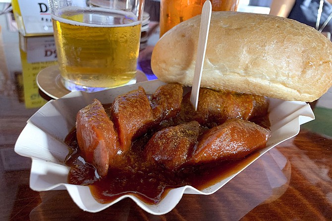 Currywurst with kielbasa sausage subbed for bratwurst