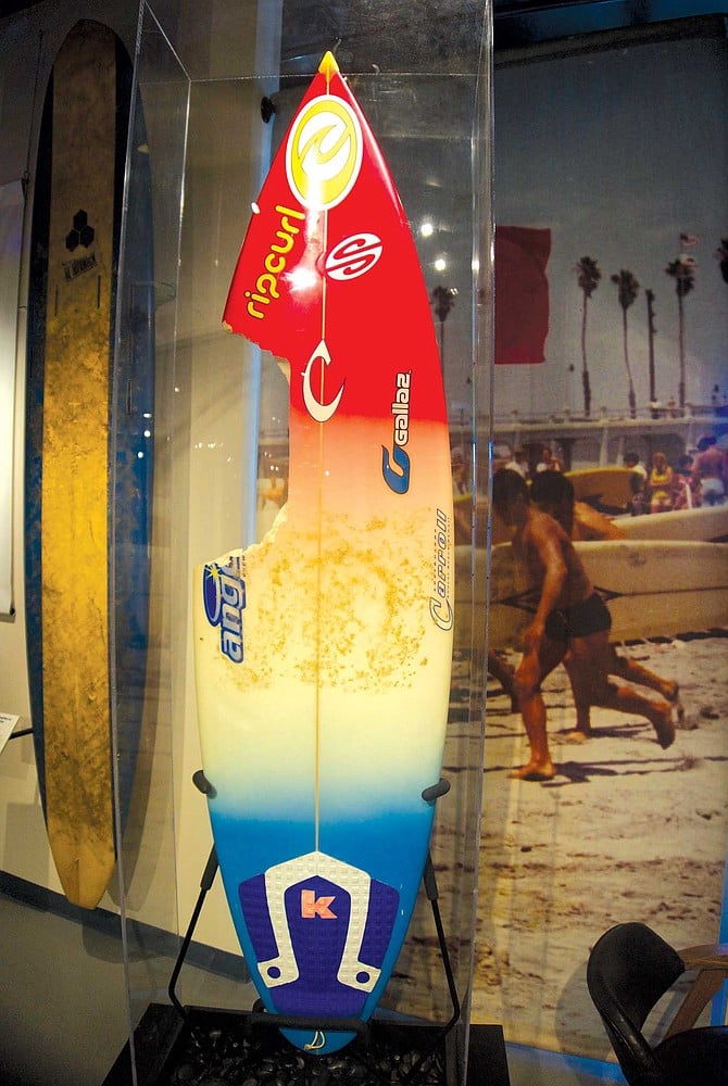 A crown jewel at Oceanside’s California Surf Museum, Bethany Hamilton’s shark bitten surfboard.