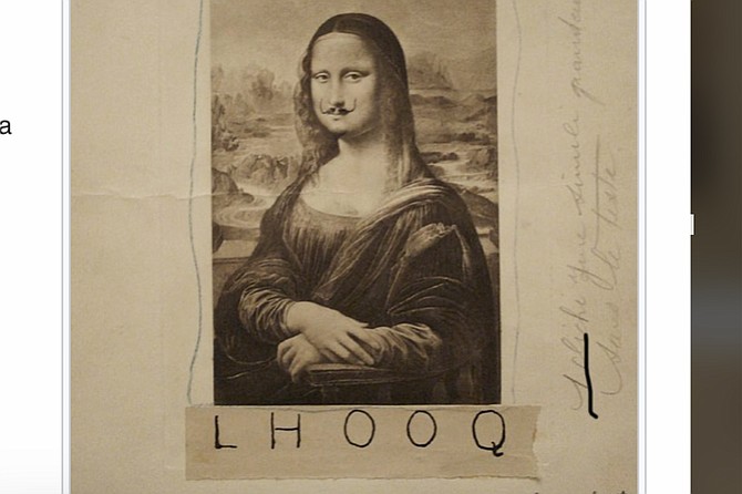 La Joconde, aka Mona Lisa, by Leonardo da Vinci, after getting the mustache treatment by Marcel Duchamp, who gave it the LHOOQ title. Recently sold for $750,000