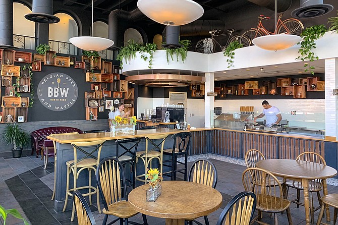 No longer a Starbucks, this waffle shop sports continental decor.