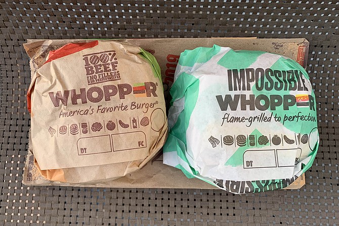 Side by Side, the Impossible Whopper chars a little darker than the beefy original.