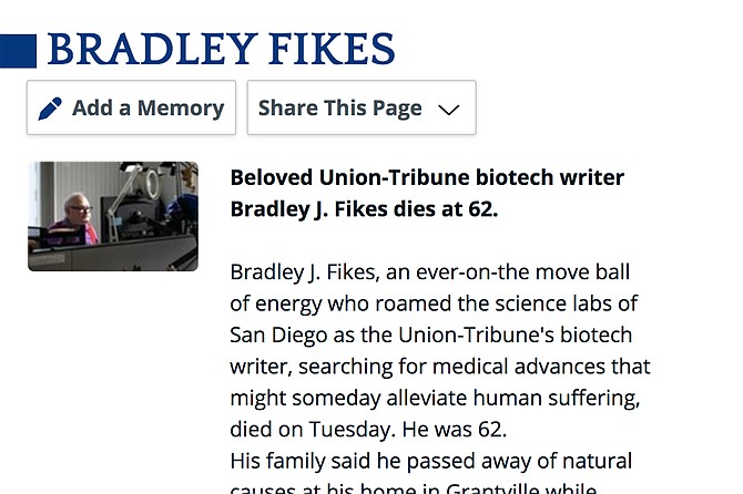 Obituary for U-T writer (and San Diego Reader commenter) Bradley Fikes.