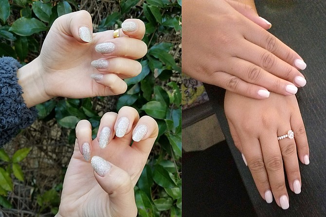 Jennifer achieves fierce and sparkly fingertips with dip powder; Right: Justine’s pristine gel manicure send bride vibes