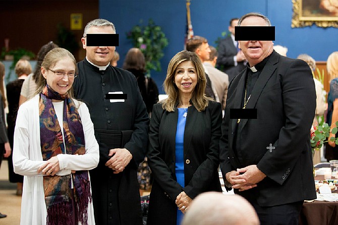 Pictured: Children of the Immaculate Heart founder Grace Williams, San Diego District Attorney Summer Stephan, and two hatemongering anti-LGBTQ Catholic priests whose faces have been obscured to emphasize their utter lack of humanity.