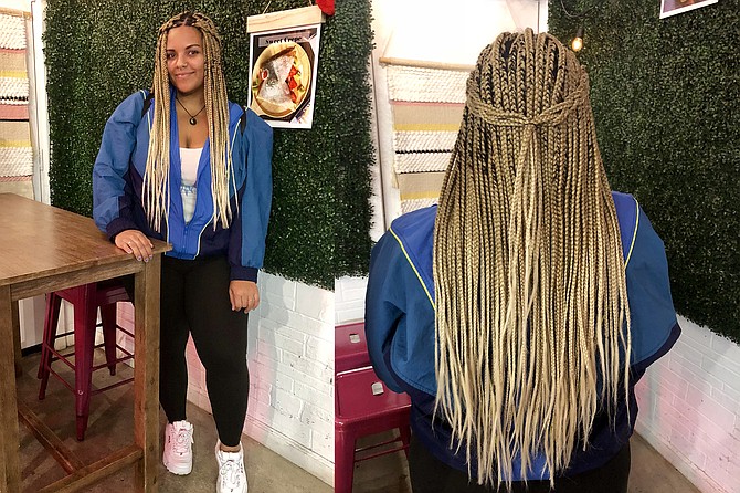 Naiomi's blue windbreaker stands out as the outfit's focal point; Ombré braids done locally for $180