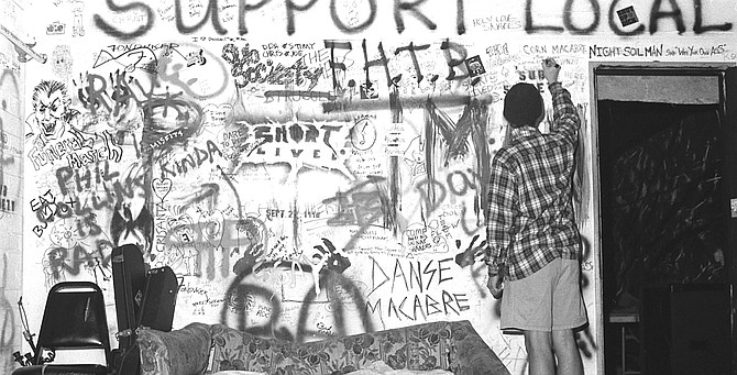 Band room, SOMA, early '90s.  "SOMA has the horrible system where you flyer for the shows, and when people come to the door they ask them, ‘Who are you here to see?’ and if you say ‘Powerdresser,’ they give us a dollar."