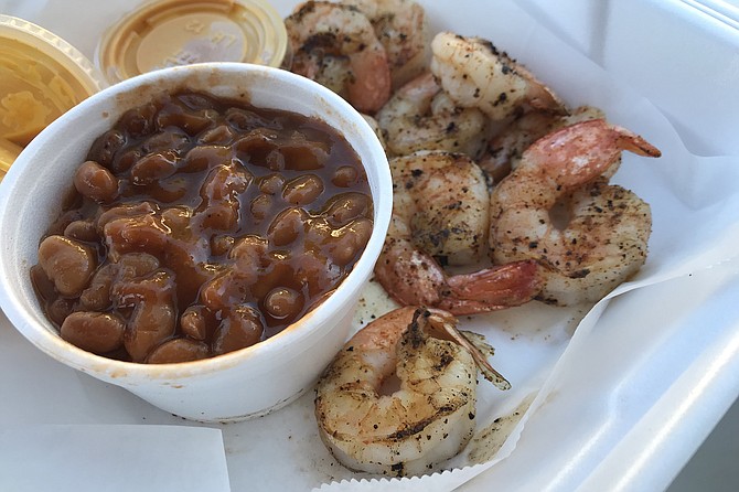 Luscious baked beans with grilled shrimp