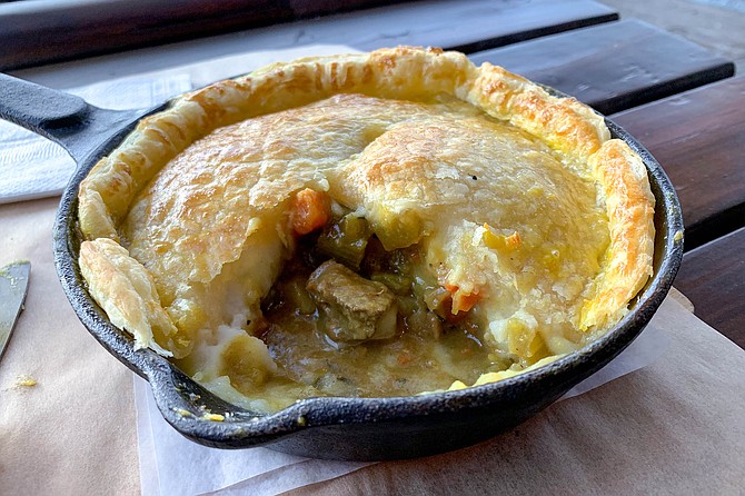 A lamb skillet pie, with an aromatic stew inside