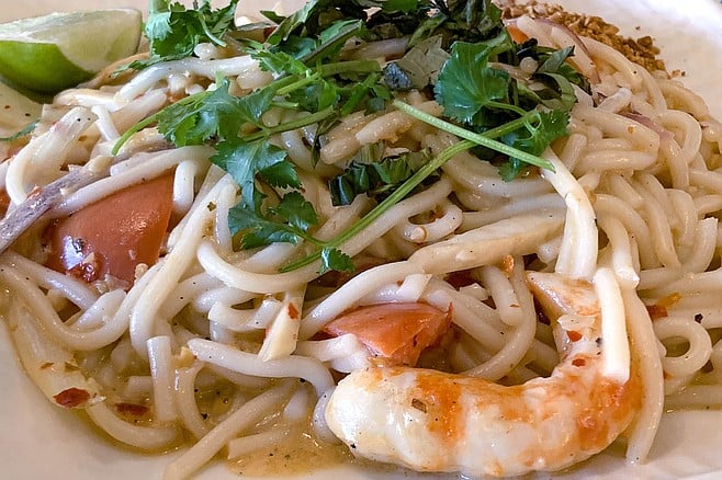 Rice noodles with coconut, kaffir lime, and lemongrass sauce