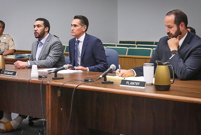 Winslow Jr., atty Marc Carlos, and prosecutor Dan Owens in court today, Feb 19, 2020. Pool photo by Howard Lipin.