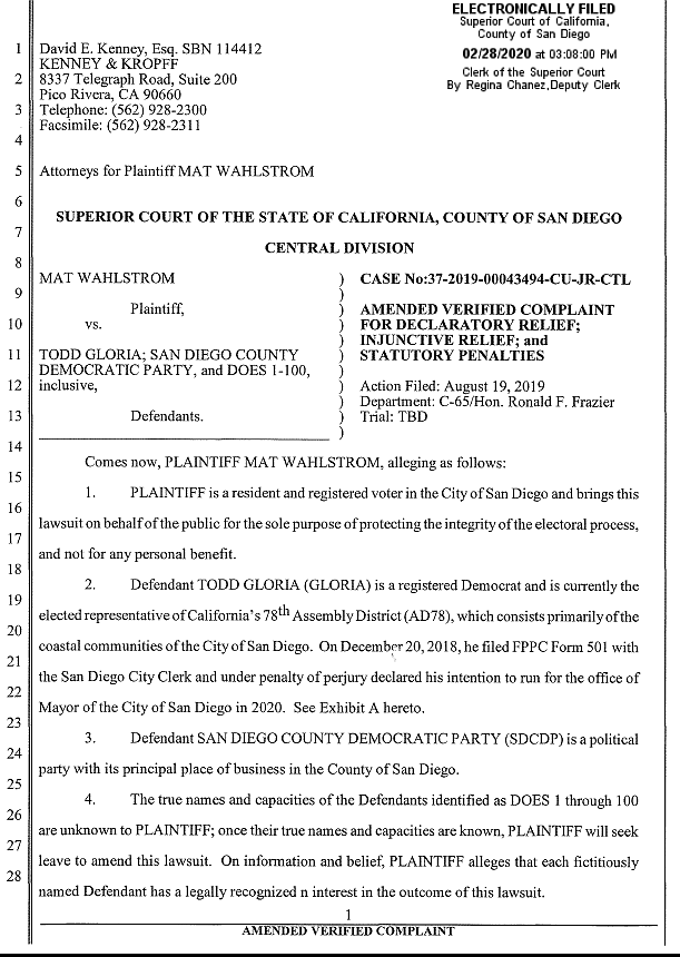 Wahlstrom vs. Gloria, Amended Complaint filed 2/28/20