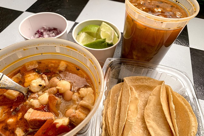 Two quarts of pork belly pozole rojo, plus tortillas and garnishes