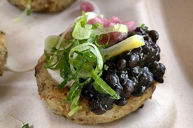 Caviar on potato cakes, but the only beluga are the lentils.