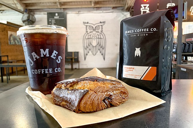 James coffee beans and cold brew to go, plus an impulse buy pastry