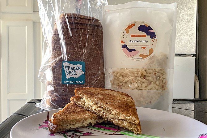 A vegan grilled cheese sandwich made with Prager Bros bread and Double Batch Almond Cheese, via Market Box